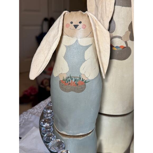 Handcrafted, Vintage Set of 3 Easter Bunnies. Handpainted fabric, wood bases'90 - Picture 2 of 9